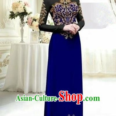 Traditional Top Grade Asian Vietnamese Costumes Classical Printing Full Dress, Vietnam National Ao Dai Dress Catwalks Debutante Lace Royalblue Qipao for Women
