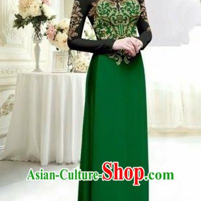 Traditional Top Grade Asian Vietnamese Costumes Classical Printing Full Dress, Vietnam National Ao Dai Dress Catwalks Debutante Lace Green Qipao for Women