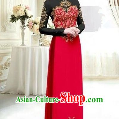 Traditional Top Grade Asian Vietnamese Costumes Classical Printing Full Dress, Vietnam National Ao Dai Dress Catwalks Debutante Lace Red Qipao for Women