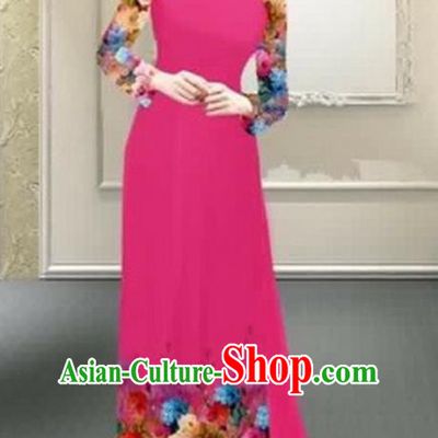 Traditional Top Grade Asian Vietnamese Costumes Classical Printing Flowers Full Dress, Vietnam National Ao Dai Dress Catwalks Debutante Rosy Qipao for Women