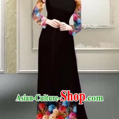 Traditional Top Grade Asian Vietnamese Costumes Classical Printing Flowers Full Dress, Vietnam National Ao Dai Dress Catwalks Debutante Black Qipao for Women