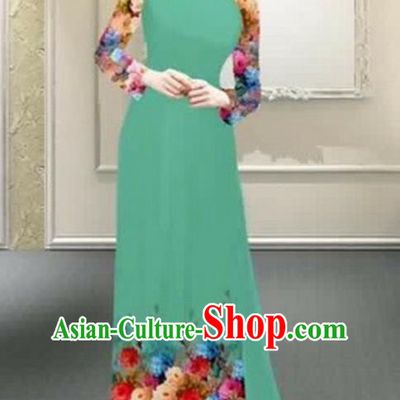 Traditional Top Grade Asian Vietnamese Costumes Classical Printing Flowers Full Dress, Vietnam National Ao Dai Dress Catwalks Debutante Green Qipao for Women