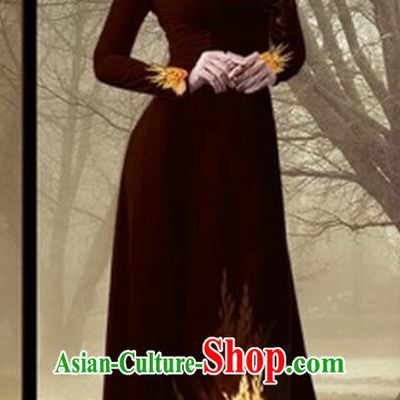 Traditional Top Grade Asian Vietnamese Costumes Classical Printing Flowers Full Dress, Vietnam National Ao Dai Dress Catwalks Debutante Black Qipao for Women