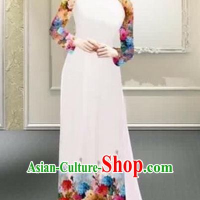 Traditional Top Grade Asian Vietnamese Costumes Classical Printing Flowers Full Dress, Vietnam National Ao Dai Dress Catwalks Debutante White Qipao for Women