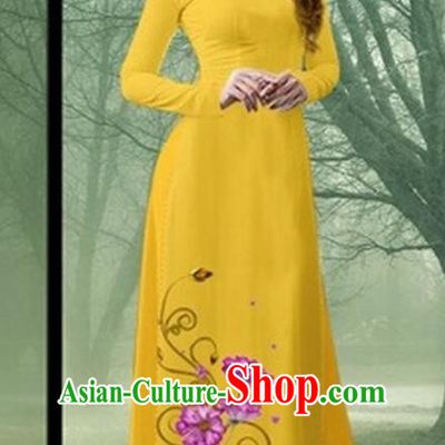Traditional Top Grade Asian Vietnamese Costumes Classical Printing Flowers Full Dress, Vietnam National Ao Dai Dress Catwalks Debutante Yellow Qipao for Women