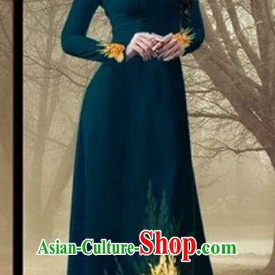 Traditional Top Grade Asian Vietnamese Costumes Classical Printing Flowers Full Dress, Vietnam National Ao Dai Dress Catwalks Debutante Atrovirens Qipao for Women