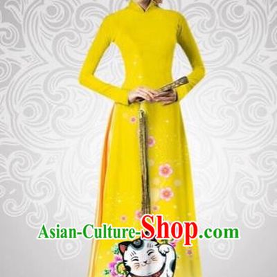 Traditional Top Grade Asian Vietnamese Costumes Classical Printing Cats Full Dress, Vietnam National Ao Dai Dress Catwalks Debutante Yellow Qipao for Women