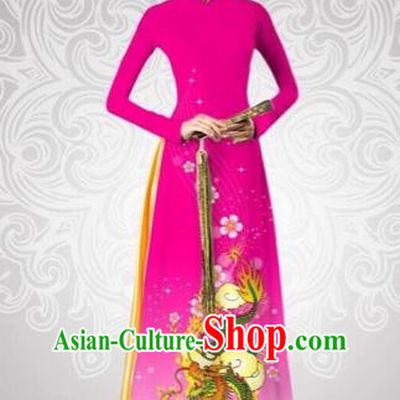 Traditional Top Grade Asian Vietnamese Costumes Classical Printing Dragon Full Dress, Vietnam National Ao Dai Dress Catwalks Debutante Pink Qipao for Women