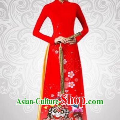 Traditional Top Grade Asian Vietnamese Costumes Classical Printing New Year Full Dress, Vietnam National Ao Dai Dress Catwalks Debutante Red Qipao for Women