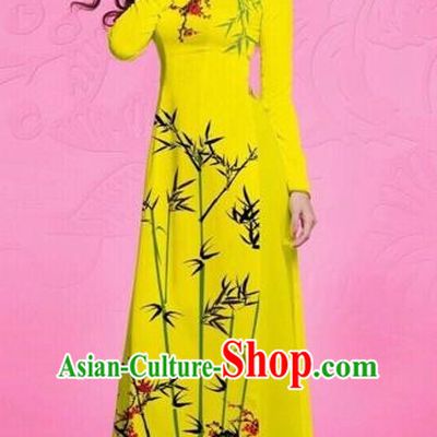 Traditional Top Grade Asian Vietnamese Costumes Classical Printing Bamboo Full Dress, Vietnam National Ao Dai Dress Catwalks Debutante Yellow Qipao for Women