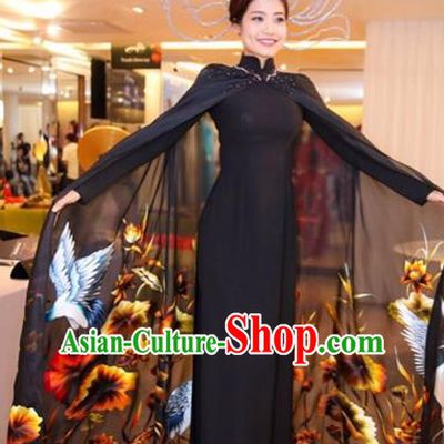Traditional Top Grade Asian Vietnamese Costumes Classical Printing Full Dress with Cloak, Vietnam National Ao Dai Dress Catwalks Debutante Black Qipao for Women