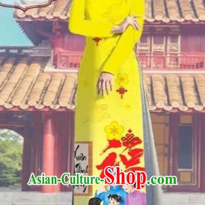 Traditional Top Grade Asian Vietnamese Costumes Classical Printing Yellow Full Dress, Vietnam National Ao Dai Dress Catwalks Debutante Black Happy New Year Qipao for Women