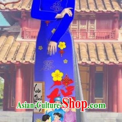 Traditional Top Grade Asian Vietnamese Costumes Classical Printing Royalblue Full Dress, Vietnam National Ao Dai Dress Catwalks Debutante Happy New Year Qipao for Women