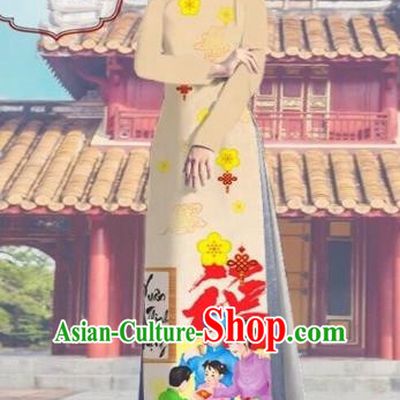 Traditional Top Grade Asian Vietnamese Costumes Classical Printing Khaki Full Dress, Vietnam National Ao Dai Dress Catwalks Debutante Happy New Year Qipao for Women
