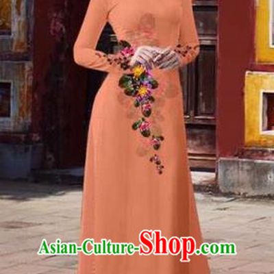 Traditional Top Grade Asian Vietnamese Costumes Classical 3D Printing Flowers Full Dress, Vietnam National Ao Dai Dress Catwalks Debutante Orange Qipao for Women