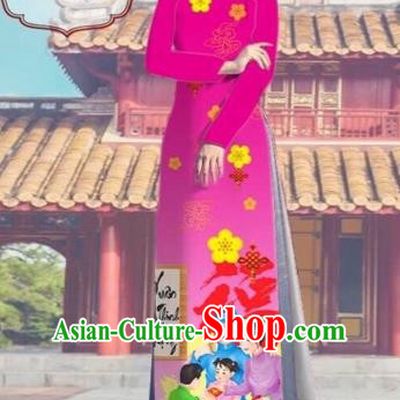 Traditional Top Grade Asian Vietnamese Costumes Classical Printing Pink Full Dress, Vietnam National Ao Dai Dress Catwalks Debutante Happy New Year Qipao for Women