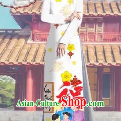 Traditional Top Grade Asian Vietnamese Costumes Classical Printing White Full Dress, Vietnam National Ao Dai Dress Catwalks Debutante Happy New Year Qipao for Women