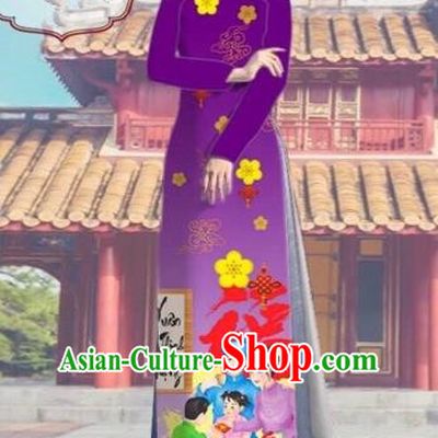 Traditional Top Grade Asian Vietnamese Costumes Classical Printing Purple Full Dress, Vietnam National Ao Dai Dress Catwalks Debutante Happy New Year Qipao for Women