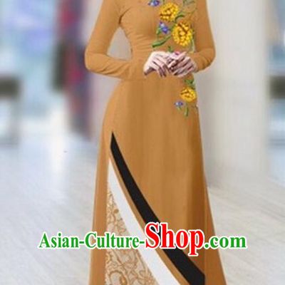 Traditional Top Grade Asian Vietnamese Costumes Classical Printing Full Dress Dance Cothing, Vietnam National Ao Dai Dress Catwalks Debutante Khaki Qipao for Women