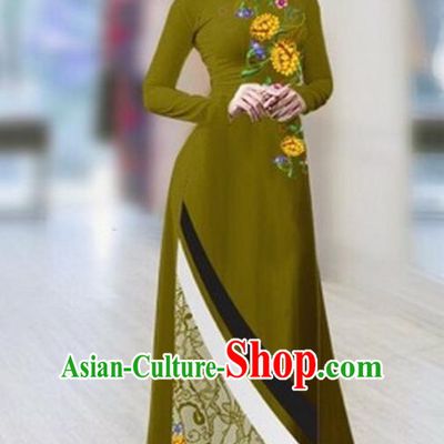Traditional Top Grade Asian Vietnamese Costumes Classical Printing Full Dress Dance Cothing, Vietnam National Ao Dai Dress Catwalks Debutante Atrovirens Qipao for Women