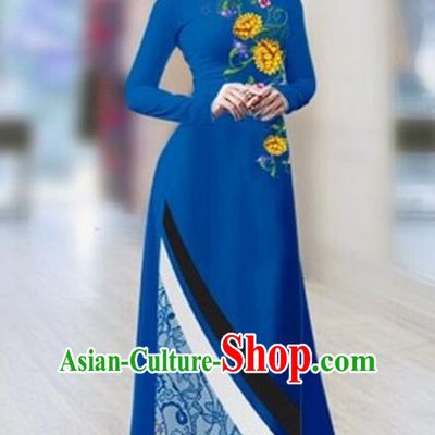 Traditional Top Grade Asian Vietnamese Costumes Classical Printing Full Dress Dance Cothing, Vietnam National Ao Dai Dress Catwalks Debutante Royalblue Qipao for Women