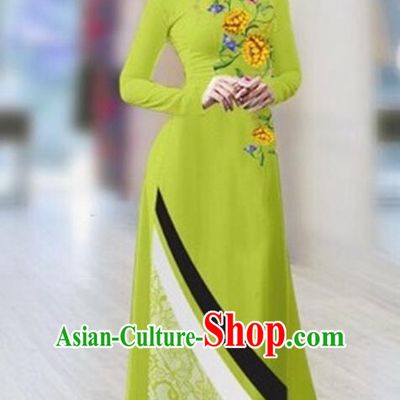 Traditional Top Grade Asian Vietnamese Costumes Classical Printing Full Dress Dance Cothing, Vietnam National Ao Dai Dress Catwalks Debutante Light Green Qipao for Women