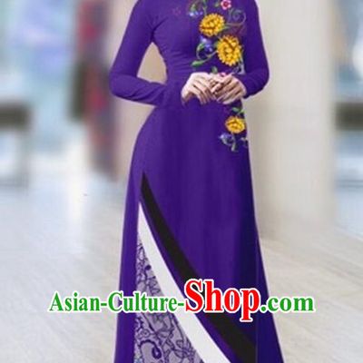 Traditional Top Grade Asian Vietnamese Costumes Classical Printing Full Dress Dance Cothing, Vietnam National Ao Dai Dress Catwalks Debutante Purple Qipao for Women