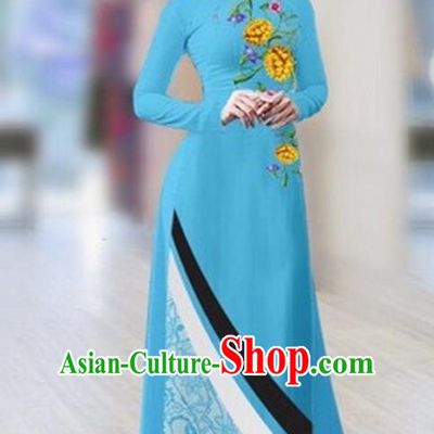 Traditional Top Grade Asian Vietnamese Costumes Classical Printing Full Dress Dance Cothing, Vietnam National Ao Dai Dress Catwalks Debutante Light Blue Qipao for Women