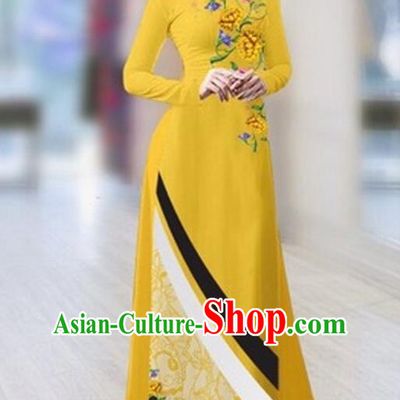 Traditional Top Grade Asian Vietnamese Costumes Classical Printing Full Dress Dance Cothing, Vietnam National Ao Dai Dress Catwalks Debutante Yellow Qipao for Women