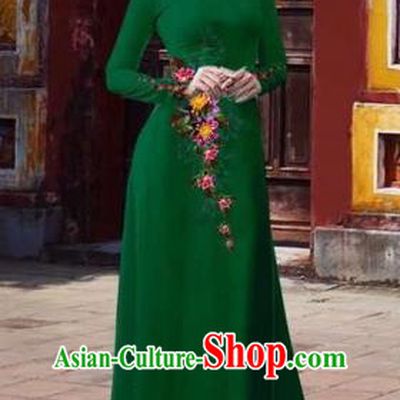 Traditional Top Grade Asian Vietnamese Costumes Classical 3D Printing Flowers Full Dress, Vietnam National Ao Dai Dress Catwalks Debutante Green Qipao for Women