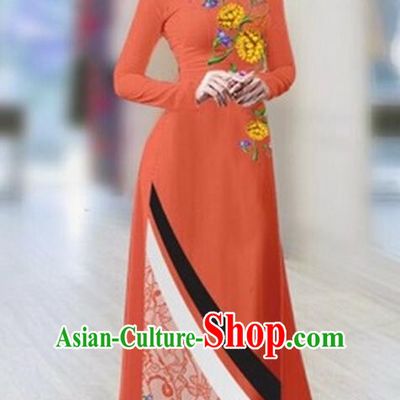 Traditional Top Grade Asian Vietnamese Costumes Classical Printing Full Dress Dance Cothing, Vietnam National Ao Dai Dress Catwalks Debutante Orange Qipao for Women