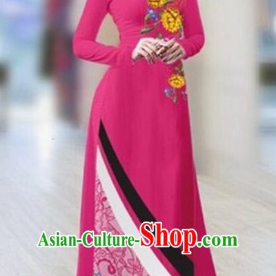 Traditional Top Grade Asian Vietnamese Costumes Classical Printing Full Dress Dance Cothing, Vietnam National Ao Dai Dress Catwalks Debutante Rosy Qipao for Women