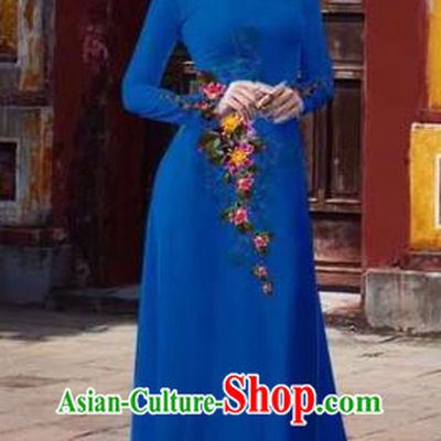 Traditional Top Grade Asian Vietnamese Costumes Classical 3D Printing Flowers Full Dress, Vietnam National Ao Dai Dress Catwalks Debutante Blue Qipao for Women