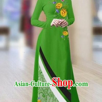 Traditional Top Grade Asian Vietnamese Costumes Classical Printing Full Dress Dance Cothing, Vietnam National Ao Dai Dress Catwalks Debutante Green Qipao for Women