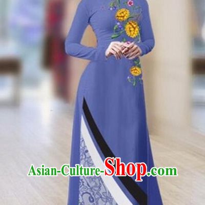 Traditional Top Grade Asian Vietnamese Costumes Classical Printing Full Dress Dance Cothing, Vietnam National Ao Dai Dress Catwalks Debutante Dusty Blue Qipao for Women