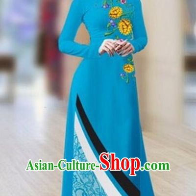 Traditional Top Grade Asian Vietnamese Costumes Classical Printing Full Dress Dance Cothing, Vietnam National Ao Dai Dress Catwalks Debutante Blue Qipao for Women
