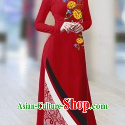 Traditional Top Grade Asian Vietnamese Costumes Classical Printing Full Dress Dance Cothing, Vietnam National Ao Dai Dress Catwalks Debutante Wine Red Qipao for Women