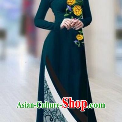 Traditional Top Grade Asian Vietnamese Costumes Classical Printing Full Dress Dance Cothing, Vietnam National Ao Dai Dress Catwalks Debutante Peacock Green Qipao for Women