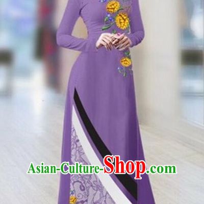Traditional Top Grade Asian Vietnamese Costumes Classical Printing Full Dress Dance Cothing, Vietnam National Ao Dai Dress Catwalks Debutante Violet Qipao for Women