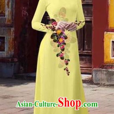 Traditional Top Grade Asian Vietnamese Costumes Classical 3D Printing Flowers Full Dress, Vietnam National Ao Dai Dress Catwalks Debutante Yellow Qipao for Women