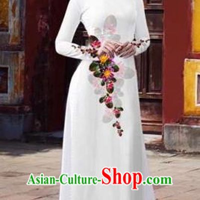 Traditional Top Grade Asian Vietnamese Costumes Classical 3D Printing Flowers Full Dress, Vietnam National Ao Dai Dress Catwalks Debutante White Qipao for Women