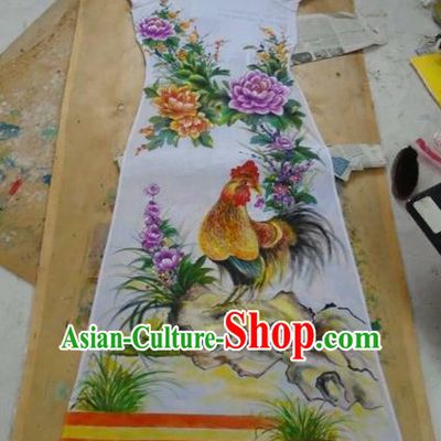 Traditional Top Grade Asian Vietnamese Costumes Classical Printing Flowers Full Dress, Vietnam National Ao Dai Dress Catwalks Debutante White Qipao for Women