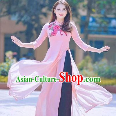 Traditional Top Grade Asian Vietnamese Costumes Classical Printing Flowers Full Dress, Vietnam National Ao Dai Dress Catwalks Debutante Pink Chiffon Qipao for Women