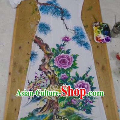 Traditional Top Grade Asian Vietnamese Costumes Classical Printing Flowers Full Dress, Vietnam National Ao Dai Dress Catwalks Debutante White Qipao for Women