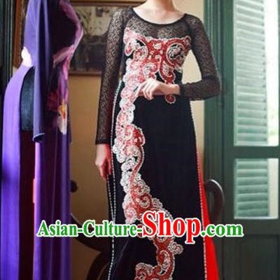 Traditional Top Grade Asian Vietnamese Costumes Classical Manual Embroider Bead Full Dress, Vietnam National Ao Dai Dress Cheongsam for Women
