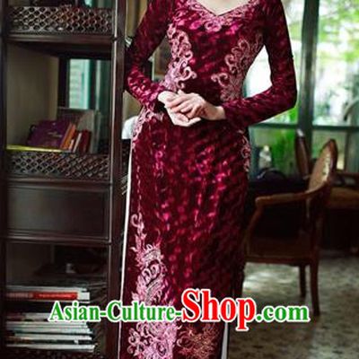 Traditional Top Grade Asian Vietnamese Costumes Classical Manual Embroider Bead Full Dress, Vietnam National Ao Dai Dress Pleuche Cheongsam for Women