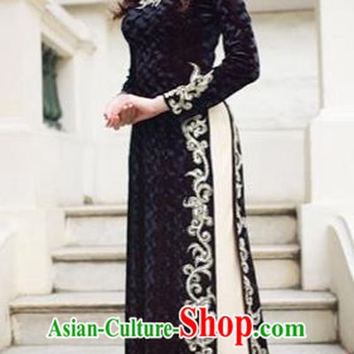Traditional Top Grade Asian Vietnamese Costumes Classical Manual Embroider Bead Full Dress, Vietnam National Ao Dai Dress Black Cheongsam for Women