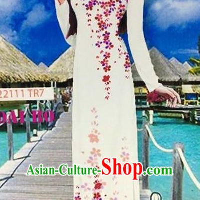 Traditional Top Grade Asian Vietnamese Costumes Classical Printing Full Dress, Vietnam National Ao Dai Dress White Cheongsam for Women