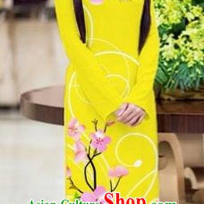 Traditional Top Grade Asian Vietnamese Costumes Classical Printing Peach Blossom Princess Full Dress, Vietnam National Ao Dai Dress Yellow Cheongsam for Women