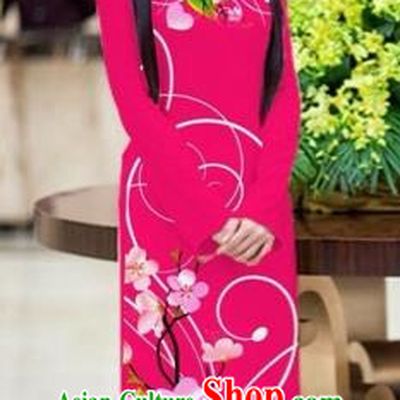 Traditional Top Grade Asian Vietnamese Costumes Classical Printing Peach Blossom Princess Full Dress, Vietnam National Ao Dai Dress Rosy Cheongsam for Women